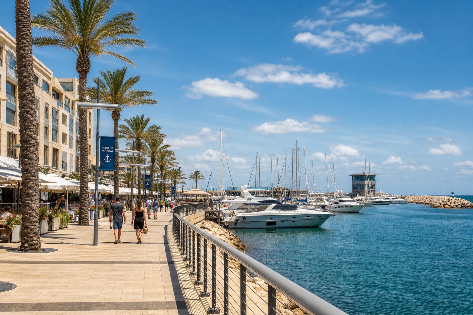 Herzliya marina boardwalk with yachts
